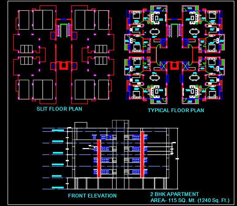 Residential Tower CAD Design G+2 with 2 Bedroom Apartments